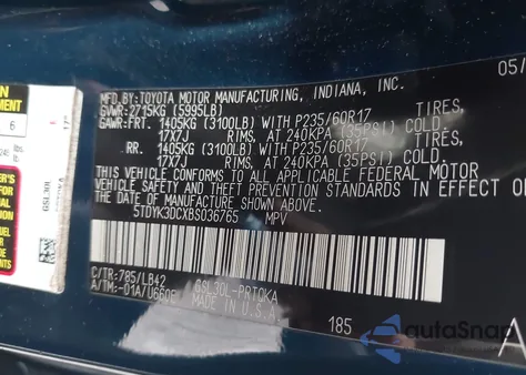 2011 Toyota Sienna Xle V6 из США, поврежденный, VIN 5TDYK3DCXBS036765